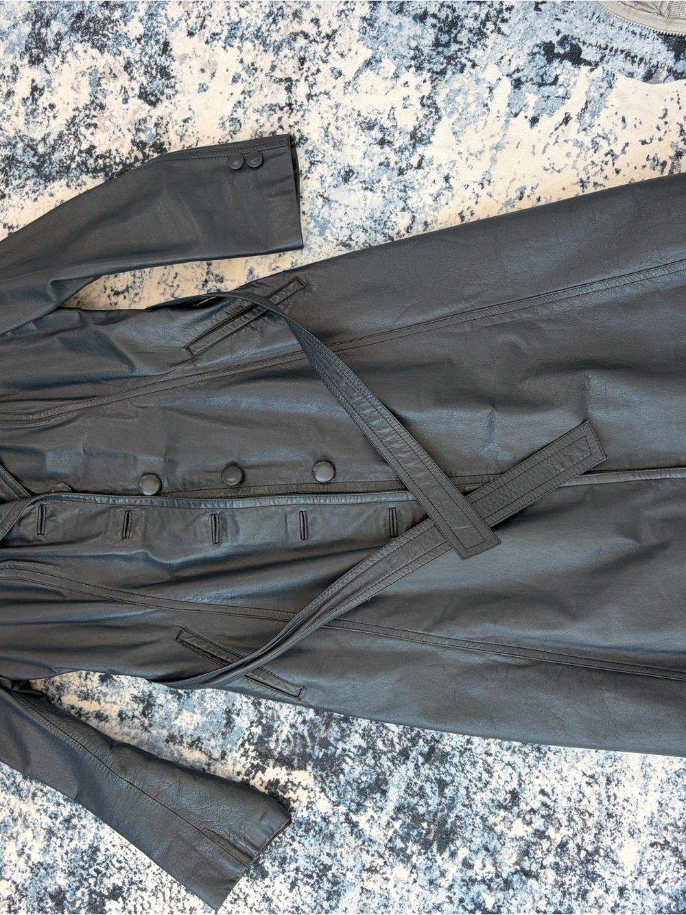 Vintage Navy Leather Belted Trench Coat Long Minimalist - Picture 4 of 10